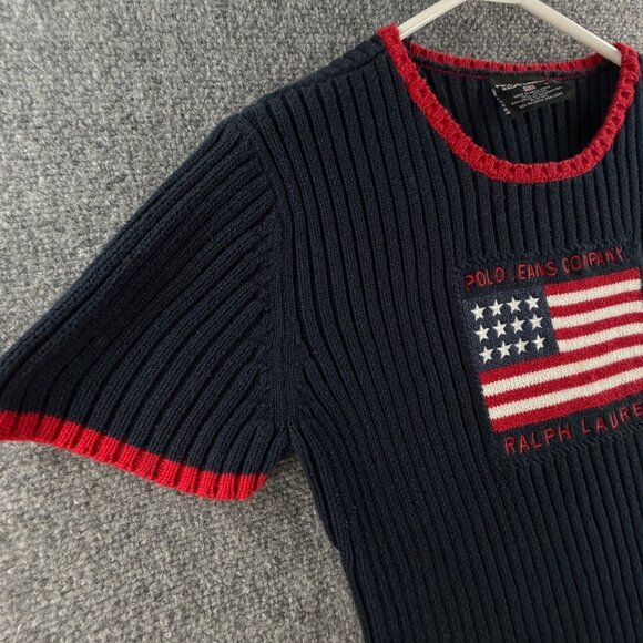 Polo Jeans Ralph Lauren Women Flag Sweater Rib Knit Large Short Sleeve Blue Red - Picture 3 of 13